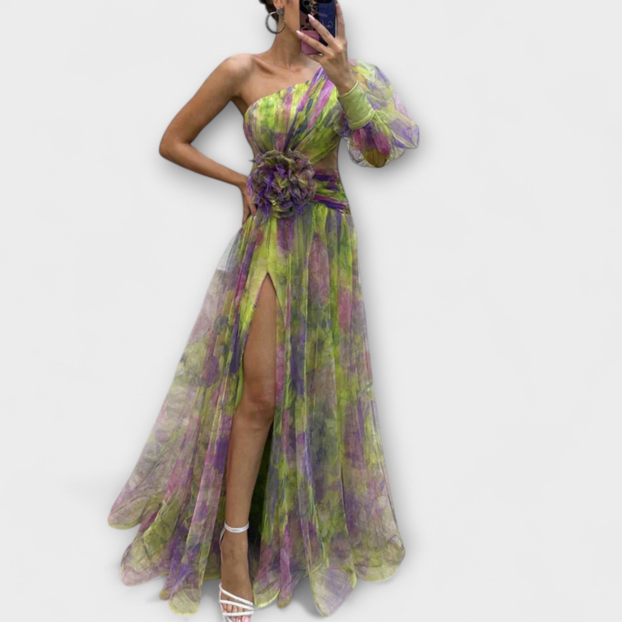 Velora | Šaty s jedním rukávem a rozparkem z průhledné síťoviny