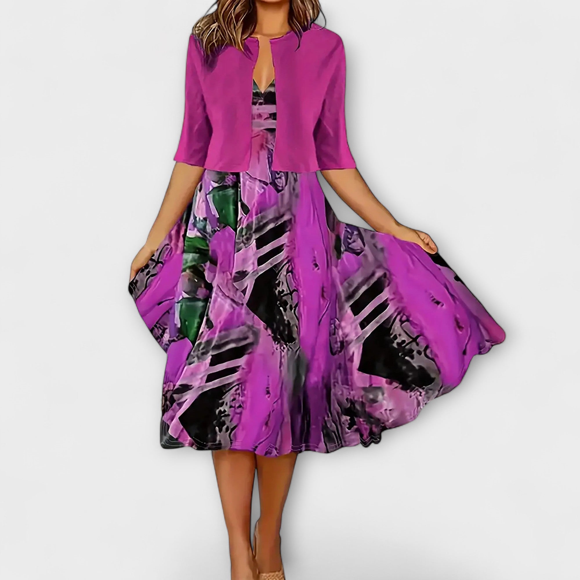 Velora | Květinové midi šaty s ladícím přehozem