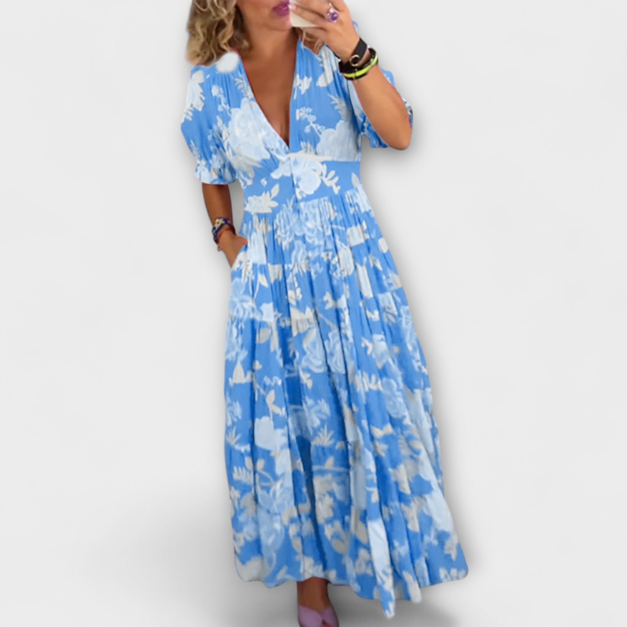 Velora | Květinové maxi šaty s výstřihem do V a kapsami