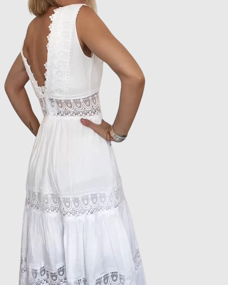 Velora | Bezrukávové midi šaty v boho stylu s krajkovými detaily