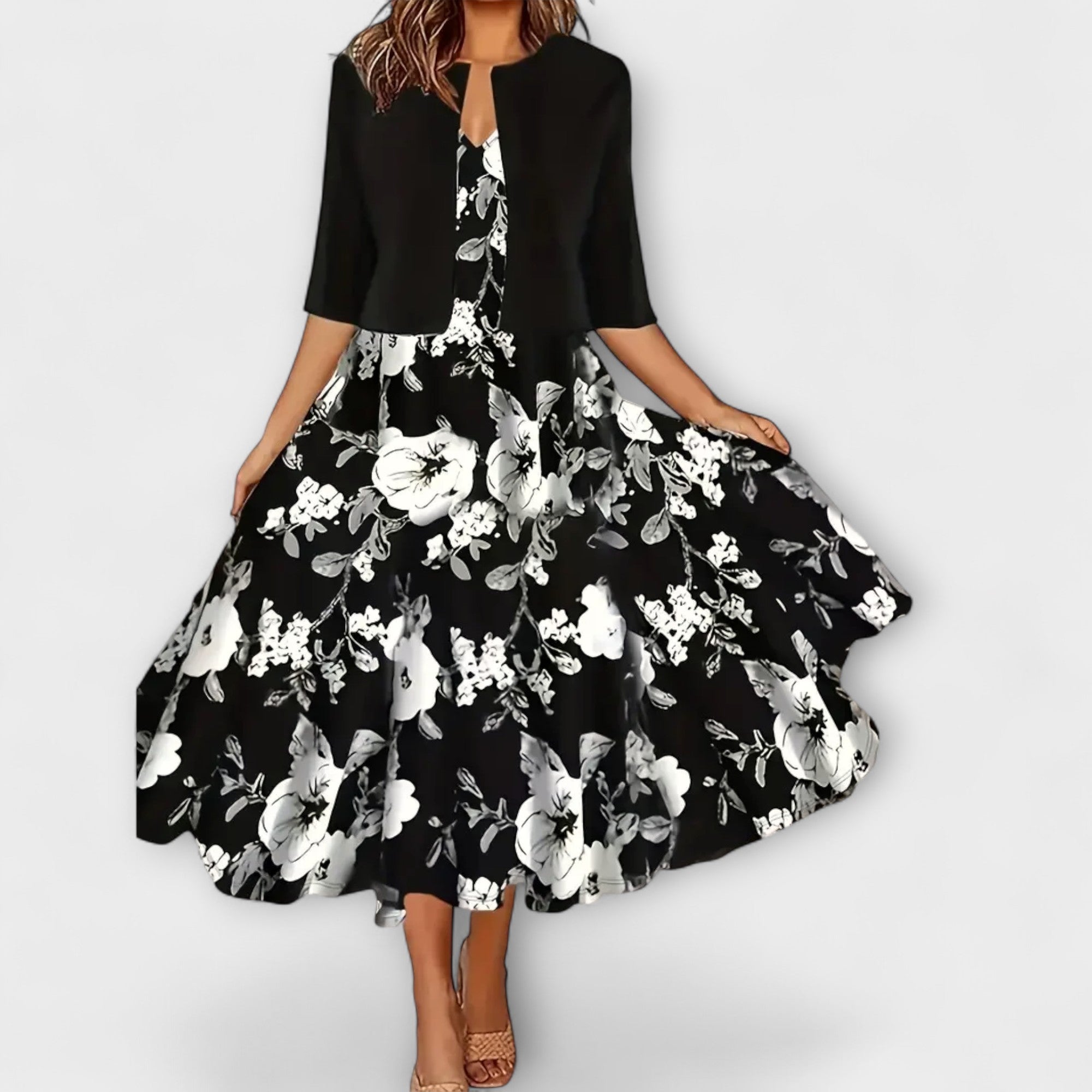 Velora | Květinové midi šaty s ladícím přehozem